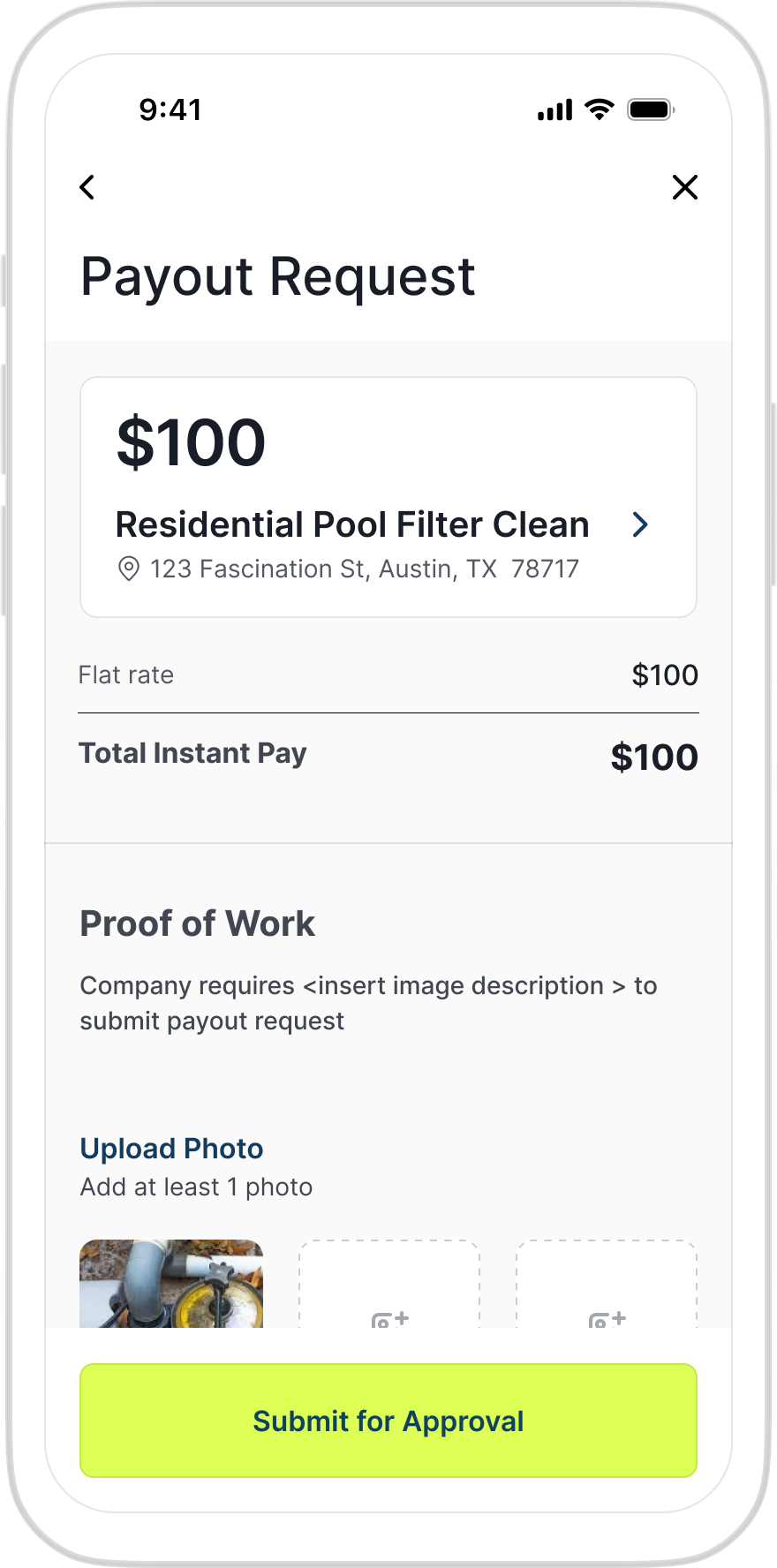 Talent app payout request, proof-of-work photo upload before submitting for approval